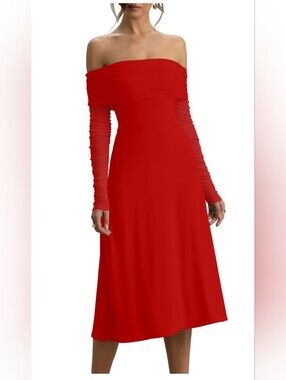 Elegant Red Off-The-Shoulder Midi Dress - Brand New - Size XL